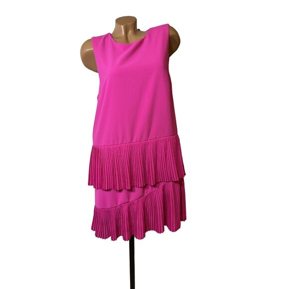 Bold Pink Pleated Tier Party Dress L – Holiday Glam Giftable Statement Look - Picture 1 of 7